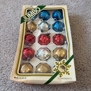 Pyramid Jumbo Christmas Ornaments 15pc Red Blue Silver Gold Made‎ in USA Vintage